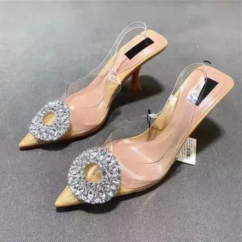 Босоножки TRAF Woman с блестящими стразами на высоком каблуке 2024 года, шикарные прозрачные туфли-лодочки с острым каблуком, летние женские сексуальные туфли на шпильках 36