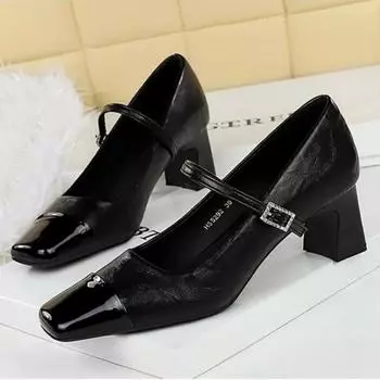 TRAF Women Black Leather Mary Janes Shoes Fashion Rhinestone Thick Slingback High Shoes 2024 Elegant Office Professional Shoes 36