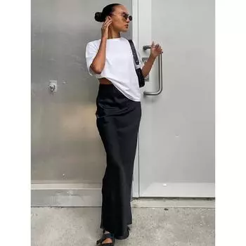 Trafaluc элегантные атласные черные юбки-трубы модные тонкие юбки с высокой талией женские однотонные офисные длинная юбка женская S чёрный