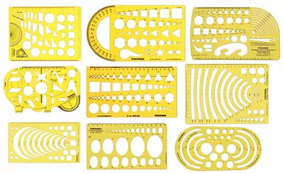 Трафареты для рисования геометрических фигур Traceease Трафареты для рисования нескольких фигур - измерительная линейка для проектирования геометрии - упаковка из 9 Pack of 9 жёлтый