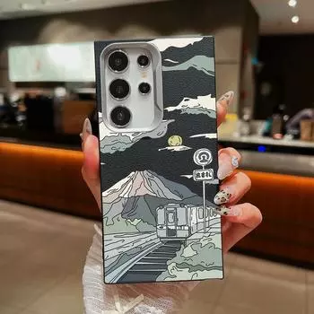 Train Mountain Print Leather Texture Soft Case For Samsung S24 FE S23 Ultra S22 A55 A16 A54 A35 A34 A15 A14 Matte TPU Shockproof Slim Phone Cover Samsung S24 чёрный