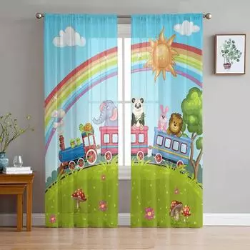 Поезд зоопарк мультфильм дети солнце радуга тюль прозрачные шторы для гостиной спальни современные вуаль органза шторы портьеры W135 x H115cm x1&Rod Pocket
