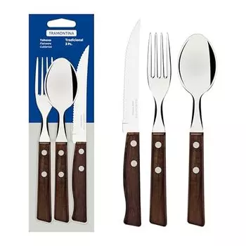 Tramontina Traditional Heavy Duty Natural Wood Handle Steak Knives 8.3 & Table Fork 7.5 & Tablespoon 7.5 Set of 3 3 Heat Treated Knives Lightweight