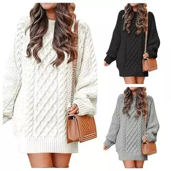 Трансграничная Amazon Europe Круглый вырез Длинный рукав Вязаный свитер Средней длины Женское платье Утолщенная вышивка S белый