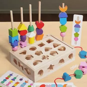Трансграничная деревянная геометрическая фигура когнитивная головоломка на сопоставление: Детские наборы для нанизывания бисера с пятью столбиками