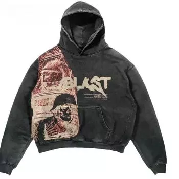 Трансграничная европейская и американская горячая девушка смешная толстовка с капюшоном хип-хоп ретро трендовый бренд пара принт потертая старая толстовка с капюшоном пуловер куртка M чёрный
