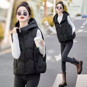 Трансграничная европейская и американская новая одежда из хлеба, теплые карманы, жилет с капюшоном на молнии, однотонная модная короткая хлопковая одежда без рукавов для женщин M чёрный