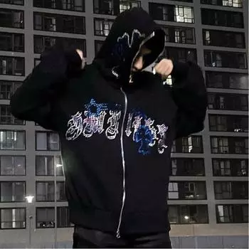 Трансграничная готическая застежка-молния с буквами Y2K, модный кардиган, повседневная толстовка с капюшоном из Европы и Америки M чёрный