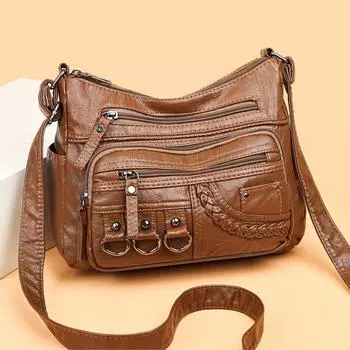 Трансграничная модная и легкая женская сумка среднего возраста, вместительная многослойная сумка на одно плечо, сумка через плечо из мягкой выстиранной кожи серый