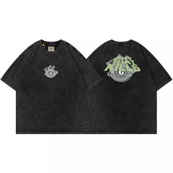 Трансграничная новая модная американская ретро-брендовая футболка из плотного хлопка, мужская потертая старая футболка со смешными глазами, свободная, с короткими рукавами S чёрный