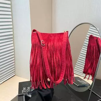 Трансграничная повседневная женская сумка, новая модная матовая сумка-мессенджер через плечо, сумка-ведро премиум-класса с бахромой чёрный