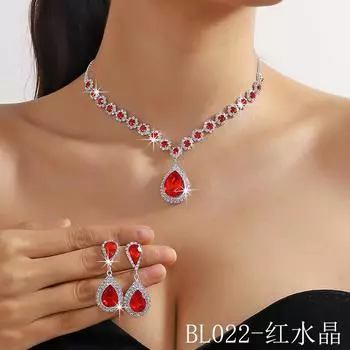 Трансграничная распродажа, ожерелье из кристаллов белого, сине-зеленого и красного цвета с каплями воды, комплект серег, комплект из двух украшений красный