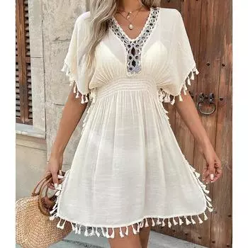 Трансграничная США и Европа Вязаная крючком юбка с кисточками Подол С завышенной талией Пляжное платье-накидка One Size абрикосовый