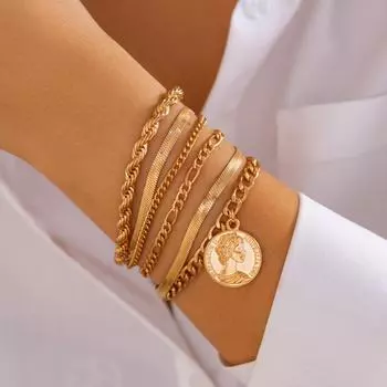 Трансграничный европейский и американский нерегулярный металлический браслет-цепочка с подвеской в виде диска bracelet set 5588 золотой