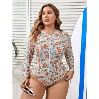 Трансграничный новый цельный купальник больших размеров с цифровой печатью на груди и бикини с длинными рукавами 0XL