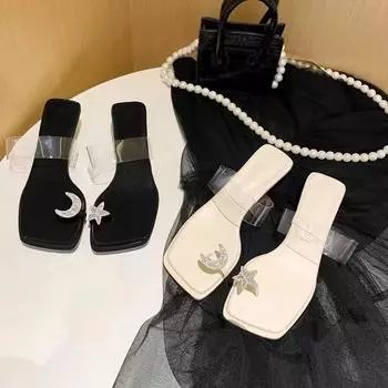 Transparent belt wearing rhinestone thin belt sandals women s 2025 summer square head cover toe open toe thin heel sexy cool slippers 35