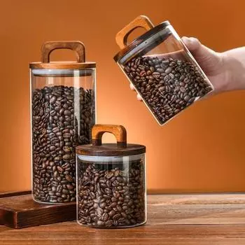 Transparent Coffee Beans Sealed Tank Glass Food Storage Jars with Wooden Lid Moisture-proof Container for Beans, Rice,Sugar