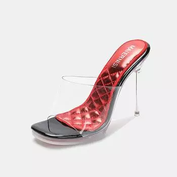 Transparent crystal bottom metal heel high heel sandals thin heel fish mouth cool slippers model catwalk sexy 35