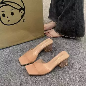 Transparent crystal slippers women s outer wear 2025 summer new thick high-heeled square-toed cool slippers women s summer outer wear summer 35
