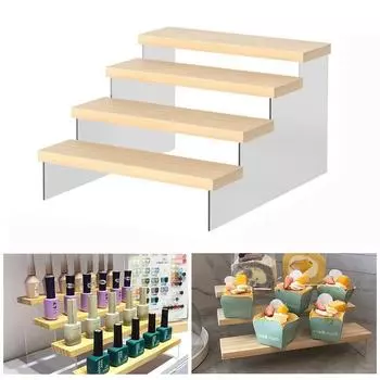 Transparent Cupcake Display Riser Rack Wooden Stepped Type Makeup Display Stand Nail Polish Storage Rack Jewelry Display Shelf