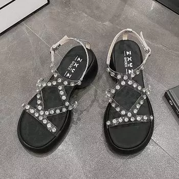 Transparent Diamond Sandals Women s New Summer Round Head Thick Sole Line with Roman High Heels 35 бежевый