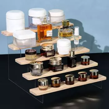 Transparent Display Stand Risers Shelf 1-4 Tiers Wooden Display Stand Desktop Ornament Cupcake Dessert Perfume Doll Organizer