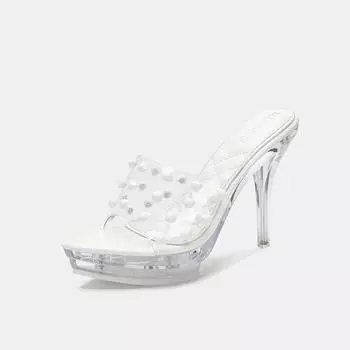 Transparent fish mouth slippers women s summer new crystal stiletto high heels fashion no heel temperament sandals 35