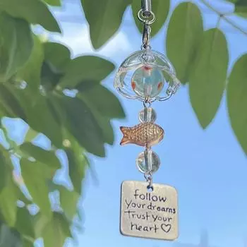 Transparent Glass Keychain Cute Goldfish Wind Chime Pendant Keyring Mobile Phone Lanyard
