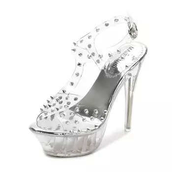 Transparent heel rivet waterproof table high heels large size fashion women s sandals nightclub anklet strap flat bottom 35
