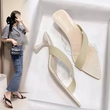 Transparent high-heeled cool slippers women s 2025 summer new lazy outer wear fashionable thin-heeled versatile open-toed fairy sandals 35