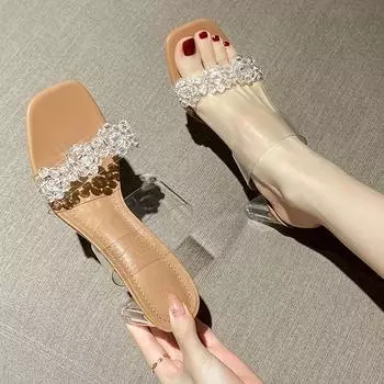 Transparent high-heeled sandals female 2025 summer new fashion pearl fairy wind crystal heel medium heel thick heel cool slippers 34