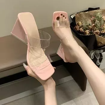 Transparent high heels 2025 new summer sexy pink one-word strap empty thick heels cool slippers women s open-toed sandals 34