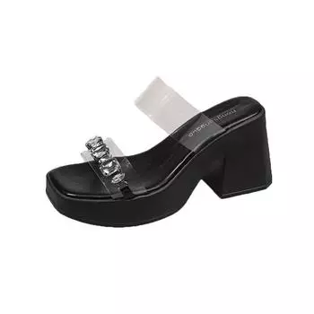 Transparent high heels cool slippers women s 2025 outer wear crystal thick heel French temperament one-word women s slippers 35