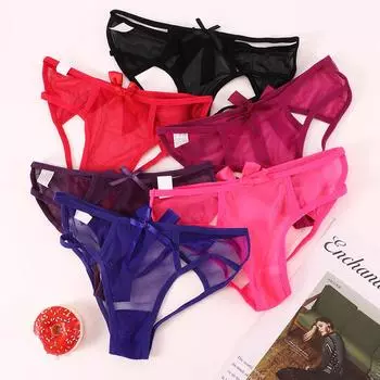 Transparent Hot Female Hollow Out Bow Women Nylon Lace Underwear Briefs Thongs Lingerie