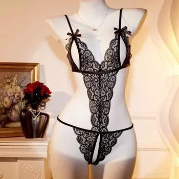 Transparent Lace Bow Bodysuit Deep V Neck Lace Sling Nightwear Women Lingerie Ladies