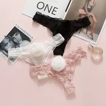 Transparent Rabbit Tail Breathable Low Waist G-string Thong Lace Panties L