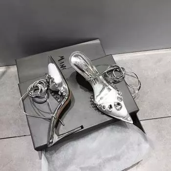 Transparent rhinestone bag head sandals female 2025 summer new fairy wind pointed thin heel flash diamond strap high heels 35