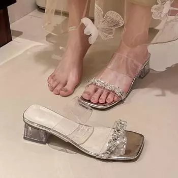 Transparent rhinestone slippers women s summer outer wear 2025 new one-word with crystal sandals thick heel French fairy high heels 35