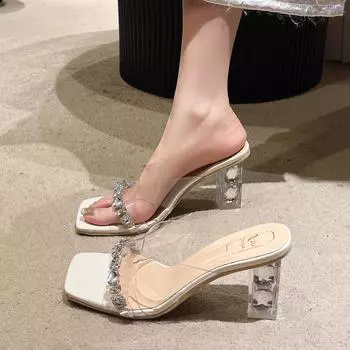 Transparent sandals women s high heel, block heel, square toe, rhinestones, fairy style, 2024 new summer European and American high heels, slippers 35 белый