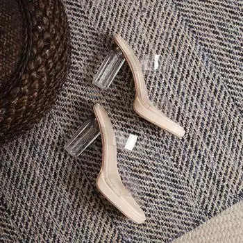 Прозрачные босоножки женские на высоком каблуке летние новые грубые каблуки водонепроницаемая платформа простые однорядные тапочки с кристальным каблуком 34