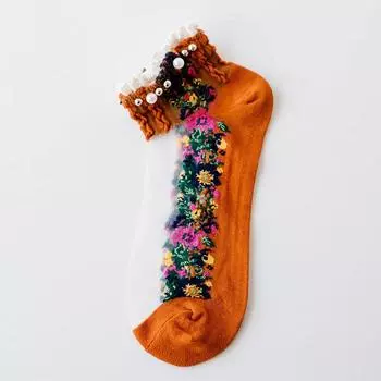 Transparent Shallow Mouth Spring Mesh Women Embroidery Flowers Socks Short Socks Hosiery Boat Socks