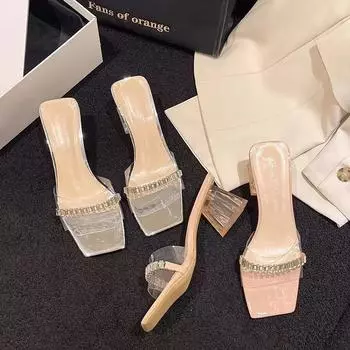 Transparent slippers women s rhinestone pearl outer wear one-word mop 2025 summer new versatile crystal thick heel high heel sandals 35