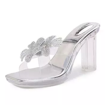 Transparent thick high heels rhinestone bow summer wear crystal sandals new sandals 35