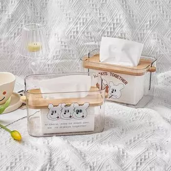 Прозрачная коробка для салфеток с рисунком собаки, деревянная крышка, закругленный край, минималистичная гладкая поверхность, коробка для салфеток из ПЭТ для кухни