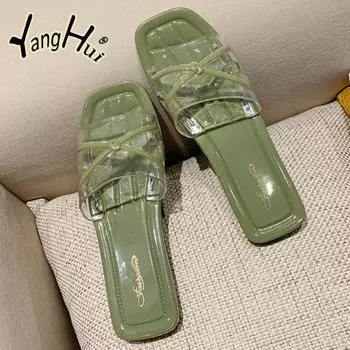Transparent Upper Flat Bottom Anti-slip Women s Slippers 2024 New Fashion Outdoor Modern Beach Lightweight Sandals Summer 36 зелёный