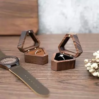 Transparent Window Wooden Ring Box Single Slots Ring Display Holder Couples чёрный