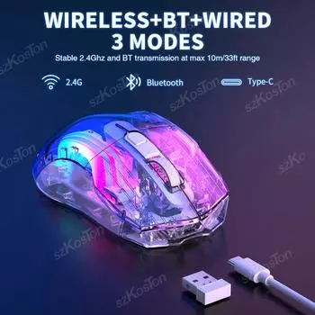 Прозрачная беспроводная игровая мышь 2.4G/USB-C/Bluetooth с 5 уровнями DPI перезаряжаемые компьютерные мыши для ноутбуков ПК Mac чёрный