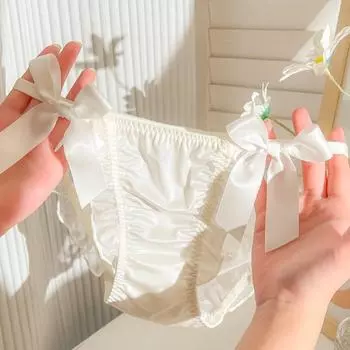 Transparent Women s Lace Mesh Bowknot Panties Ribbon Bow Mesh Ruffle Satin Silk Bow Briefs Ladies L