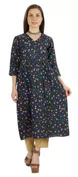 Трапеция Moomaya Kurti из вискозы 3 4 рукава с принтом из вискозы платье-туника в этническом стиле Курта для 2XL темно-синий