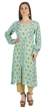 Трапеция с длинным рукавом с принтом Moomaya Курти для женщин из морщинистого вискоза, дизайнерская индийская этническая 2XL аквамарин